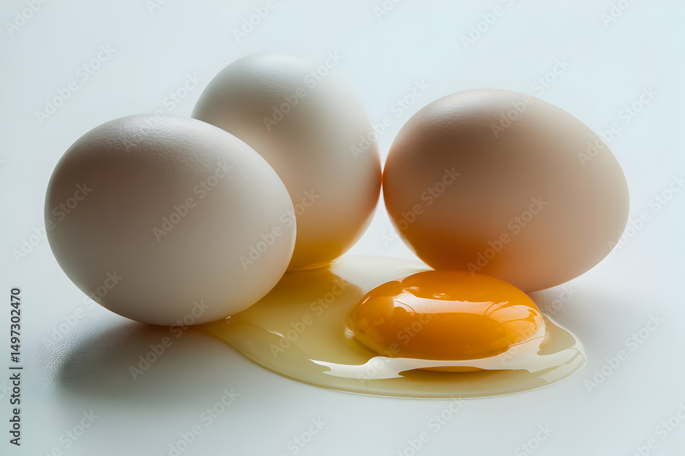 Three Fresh Eggs with One Broken Yolk on White Background Three Fresh Eggs with One Broken Yolk on White Background