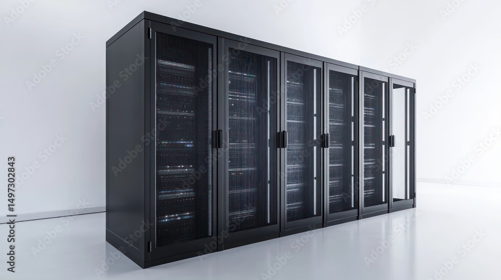 Rows of black server racks in a bright room Rows of black server racks in a bright room