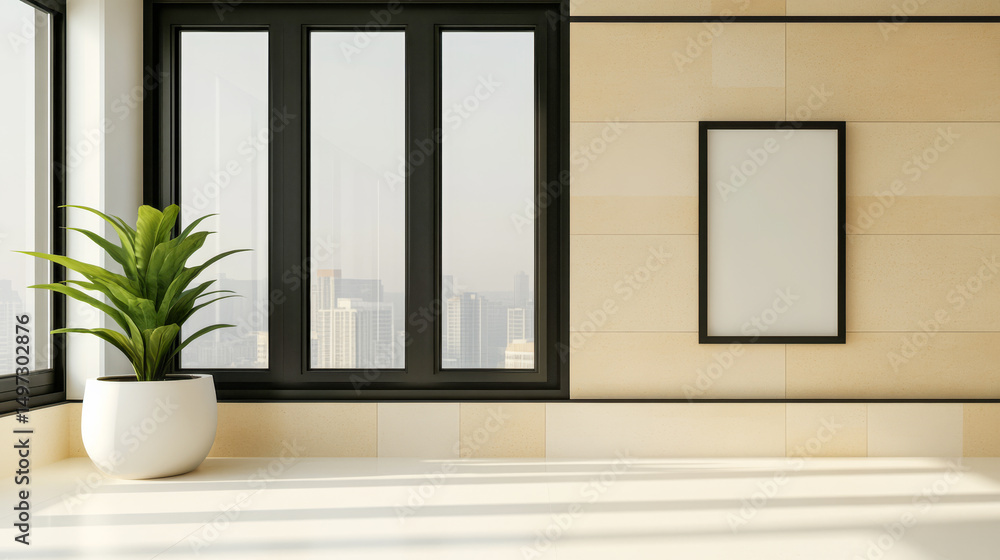 Fototapeta premium Modern interior design featuring large windows and minimalistic decor in a city environment