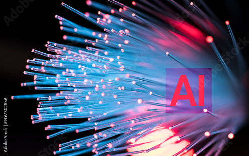 Digitally generated image of fiber optics with AI sign