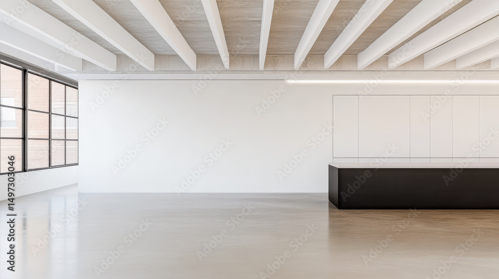Obraz premium Modern minimalist interior design featuring spacious open area and sleek reception counter