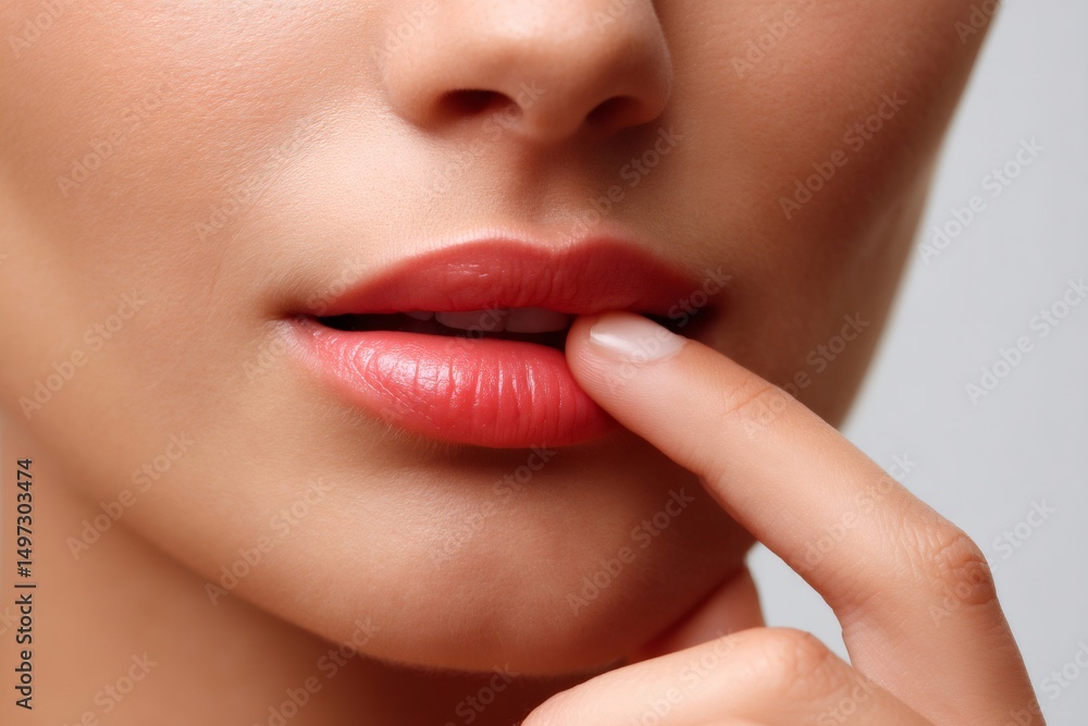 Naklejka premium Woman touching lips with finger, close up of sensual beauty and cosmetics