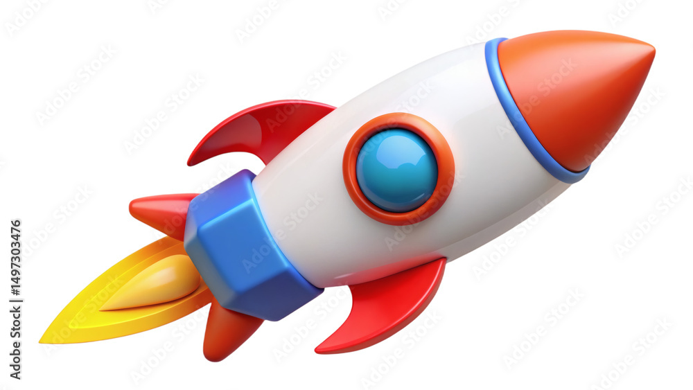 Cartoonish rocket with flames emanating from the thrusters on a plain presentation stage isolated on transparent background Cartoonish rocket with flames emanating from the thrusters on a plain presentation stage isolated on transparent background