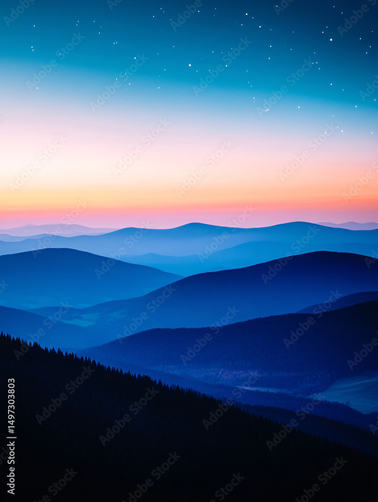 Fototapeta premium Blue Ridge Mountains at Dusk: Serene landscape of rolling blue mountains at twilight, under a starlit sky, offering a sense of tranquility and vastness.