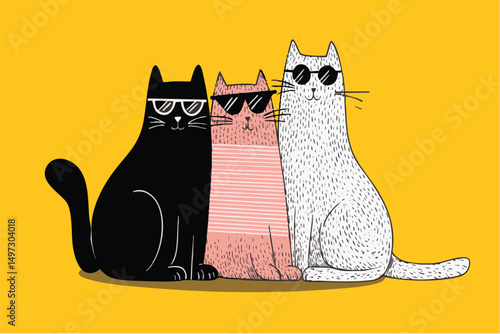 illustration of cool summer cats wearing sunglasses. hand drawn cartoon style