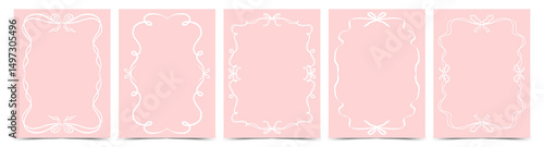 Set of doodle hand drawn trendy coquette frames with bows, ribbons and wavy lines. Vintage whimsical borders. Modern design template for wedding invitation, birthday card, print, holiday poster.