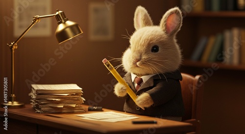 Adorable Bunny Rabbit in Suit Writing at Desk with Lamp Papers Pencil