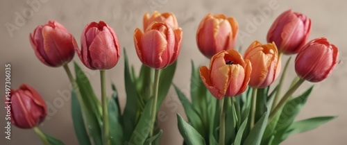 Close-up vibrant tulips, textured paper  Fresh spring blooms ,  design,  spring flowers
