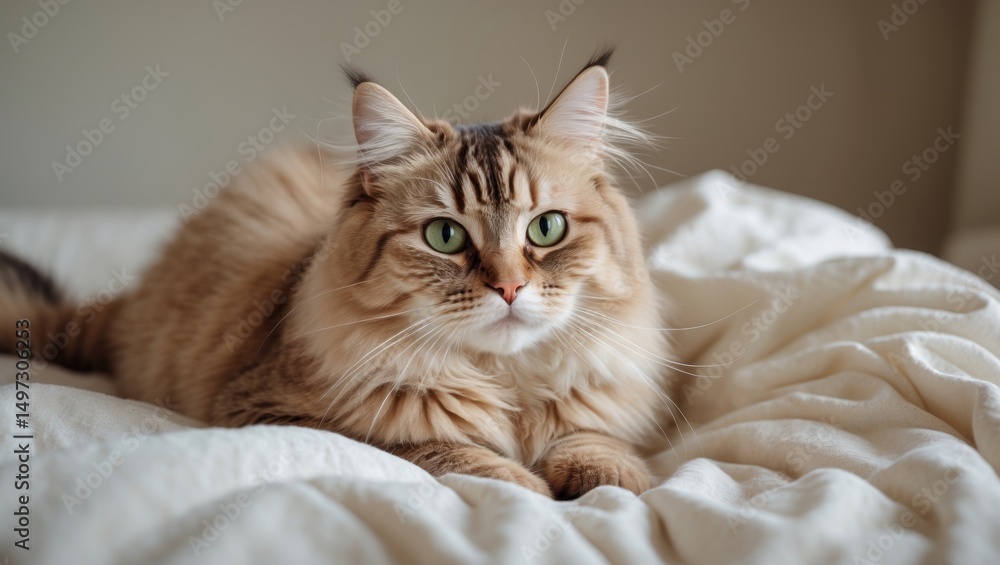 Cute fluffy cat with green eyes resting on a bed
