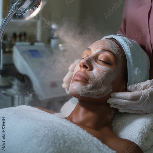 African American woman with facial mask receiving spa treatment under facial steamer, lying on treatment table with towel wrap and technician wearing gloves nearby