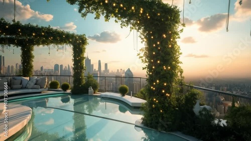 An opulent rooftop oasis boasting a sparkling swimming pool, complemented by lush greenery, fairy lights and with a cityscape sprawling beneath, evoking a sense of luxury and urban serenity.
