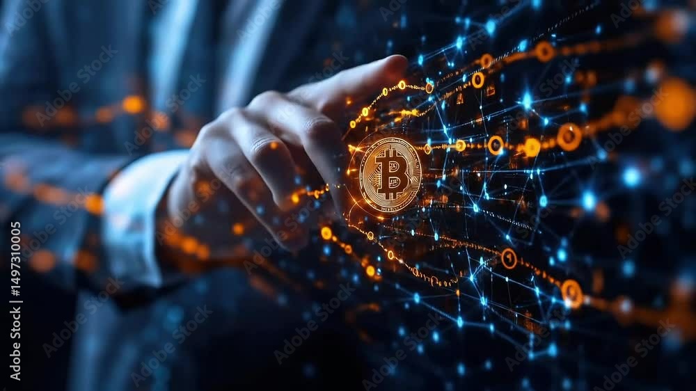 Businessman touching digital bitcoin data stream