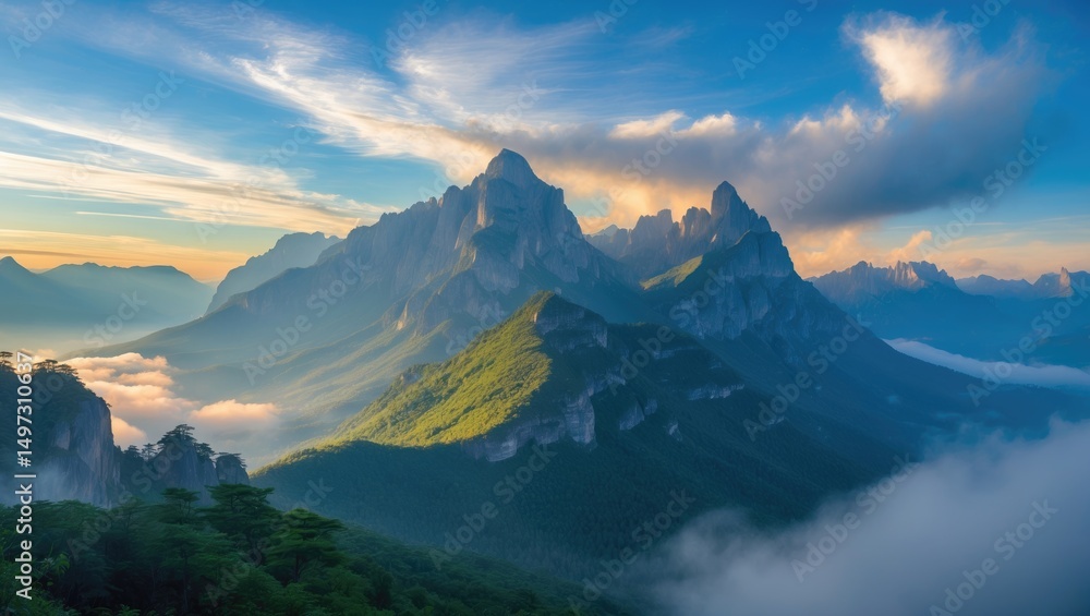 Obraz premium Serene image of vast mountains against a clear, cloudy backdrop