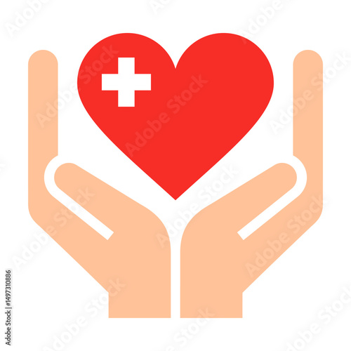 Health care icon, medical cross in red heart and hands. Cardiology symbol.
