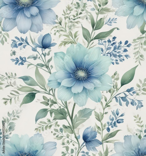 Wallpaper Mural Soft blue and green watercolor flower details on a creamy white backdrop  Delicate, intricate pattern ,  petals,  cream,  botanical Torontodigital.ca