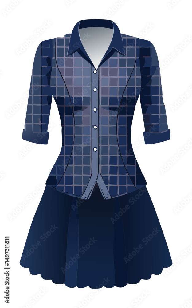 Obraz premium Navy Plaid Shirt Dress with Rolled Sleeves - Vector Illustration