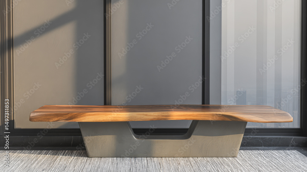 Sleek wooden bench with modern design against contemporary wall setting Sleek wooden bench with modern design against contemporary wall setting