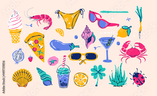 Set of cute summer icons: summer food, fruits, crab, sun, rainbow, roller skate. Bright summertime card. Collection of scrapbooking elements for a beach party. Isolated on white.
