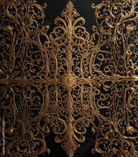 Wallpaper Mural Intricate gold filigree on black backdrop, shimmering accents, metal, discount Torontodigital.ca