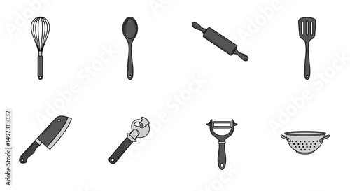 Kitchen utensils collection in minimalist monochrome style  