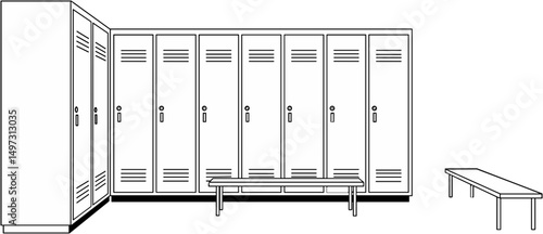 Locker room with multiple lockers and a wooden bench for seating  