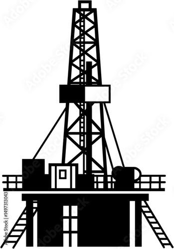 Oil rig silhouette in black and white on industrial background  