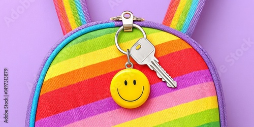 Wallpaper Mural A yellow smiley face keychain on a colorful backpack Torontodigital.ca