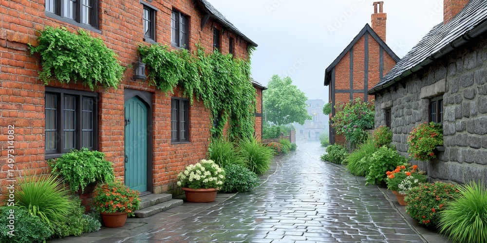 Fototapeta premium Drizzle moistening a cobblestone street in an old town