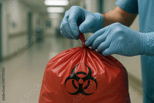 Sterile Precautions: In a clean and modern medical environment, a healthcare worker meticulously secures a red biohazard bag, signifying strict adherence to safety protocols.