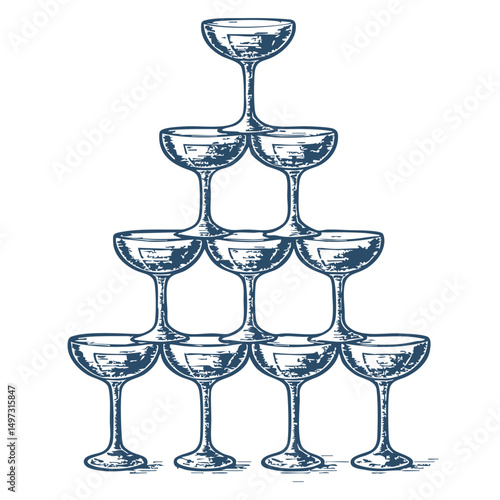 Champagne glass tower Hand drawn illustration- Vector, JEPG, PNG