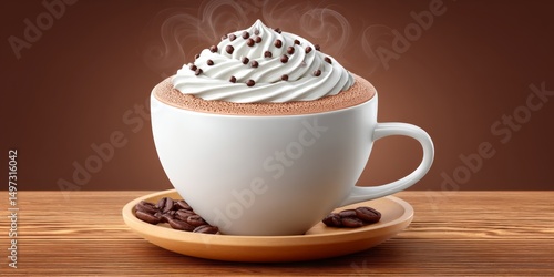 a realistic photo of a steaming cup of hot cocoa with whipped cream and chocolate shavings