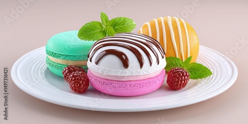 a stylized 3d dessert plate featuring sculpted cocoa designs with vibrant sauces and toppings