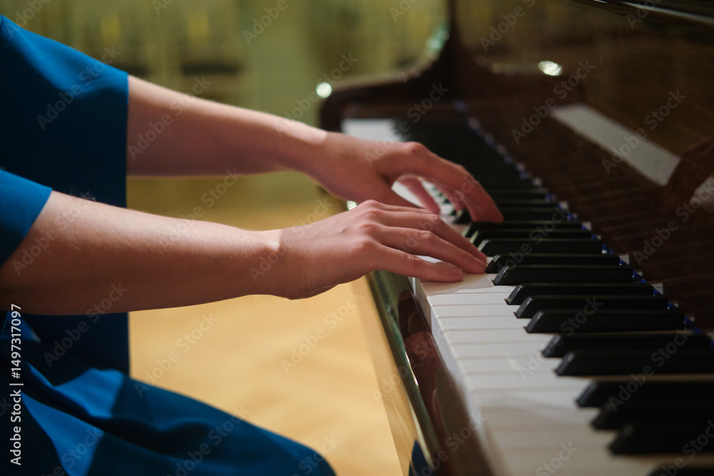 Obraz premium Hands of a person playing piano keys, focusing on their technique and movement. The image captures the essence of music creation and the art of piano playing.