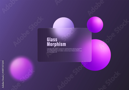 Dark purple glass morphism background with glowing spheres and frosted panel