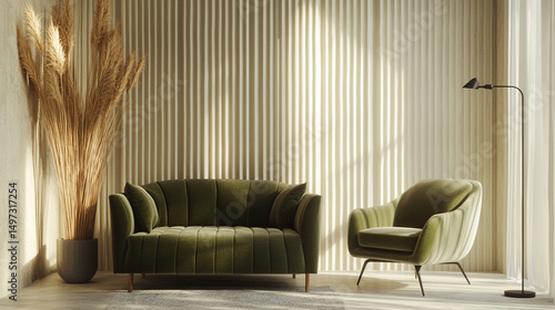 Serene Living Room Interior Design Olive Green Velvet Sofa and Armchair