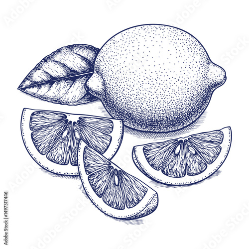 Hand drawn illustration of a lemon with lemon wedges- Vector, JEPG, PNG