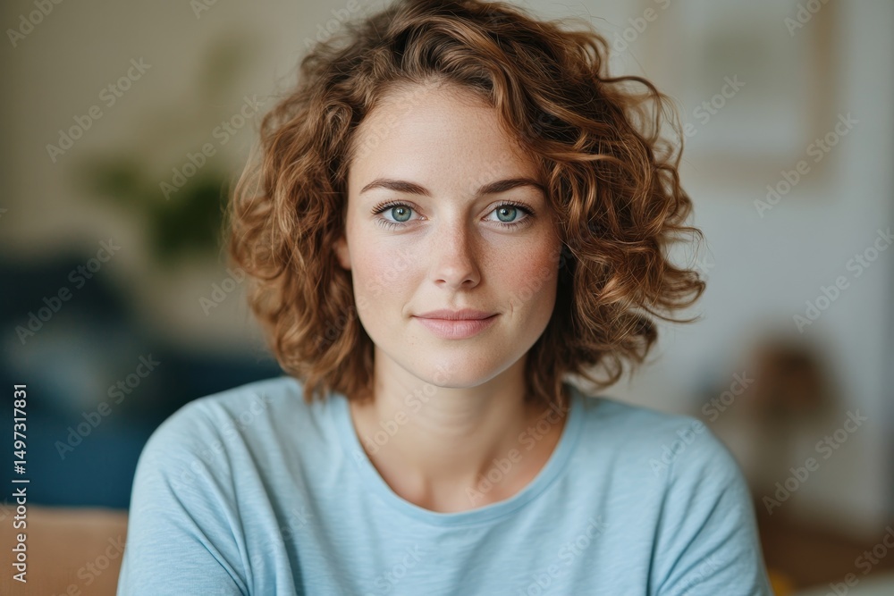 authentic portrait of red-haired curly hair 35 years old European woman in light blue t-shirt at home, lifestyle, women's health authentic portrait of red-haired curly hair 35 years old European woman in light blue t-shirt at home, lifestyle, women's health