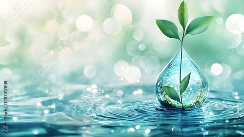 Glowing Blue Water Drop with Green Plant Surrounded by Delicate Floating Leaves