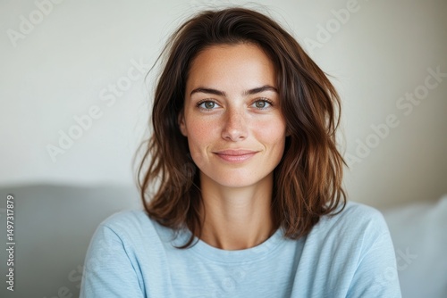 authentic portrait of 35 years old European woman in light blue t-shirt at home, lifestyle, women's health concept
