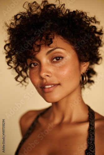 Wallpaper Mural portrait of beautiful 30 years old mulatto woman with curly hair on beige background Torontodigital.ca