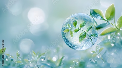 Delicate Green Plant Growing Inside Crystal-Clear Water Droplet on Soft Light Background