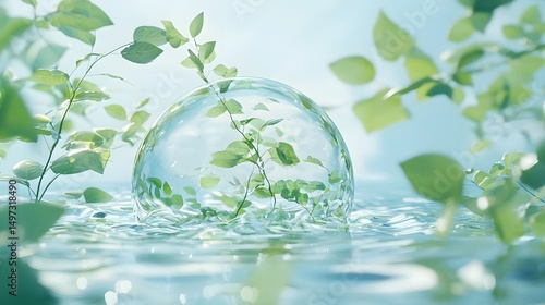 Delicate Green Plant Growing Inside Crystal-Clear Water Droplet with Surrounding Leaves on Soft Light Background