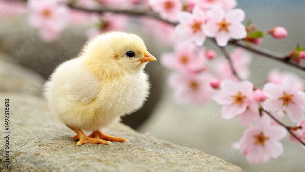 This charming close-up features a cute little chick, highlighting its soft downy feathers and bright eyes, set against a beautiful, blooming cherry tree backdrop This charming close-up features a cute little chick, highlighting its soft downy feathers and bright eyes, set against a beautiful, blooming cherry tree backdrop