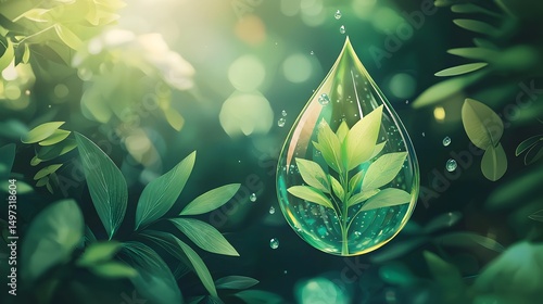 Eco-Friendly Water Droplet Holding a Green Plant Amidst Floating Leaves on Natural Blurred Backdrop