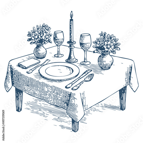 Hand drawn illustration of a table setup with plates, vases, glasses, candle, crockery, table cloth- Vector, JEPG, PNG