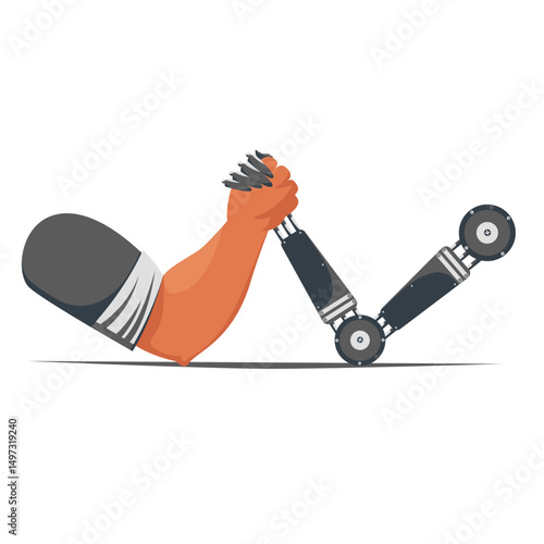 arm wrestling. fighting. the hand of a human and a robot. conceptual vector illustration