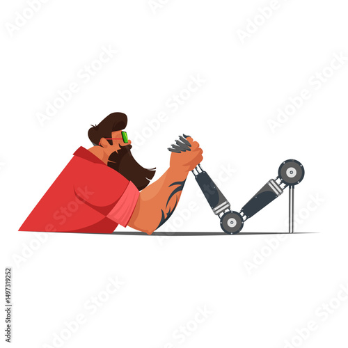 arm wrestling. the struggle between man and robot. artificial intelligence versus men. conceptual vector illustration