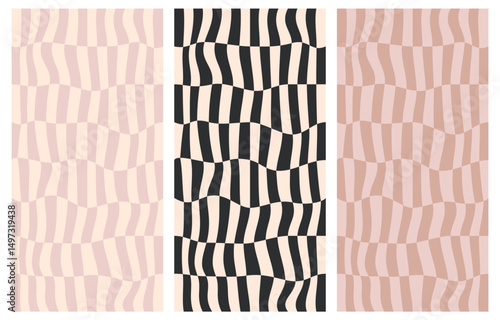 Groovy hippie 70s backgrounds. Checkerboard, chessboard, mesh, waves pattern. Twisted and distorted texture in trendy retro psychedelic Y2k style. Flat vector illustration 