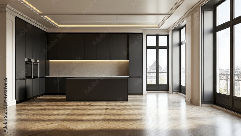 Obraz premium a large, empty room with dark grey cabinets and black windows, wooden floors, and white walls