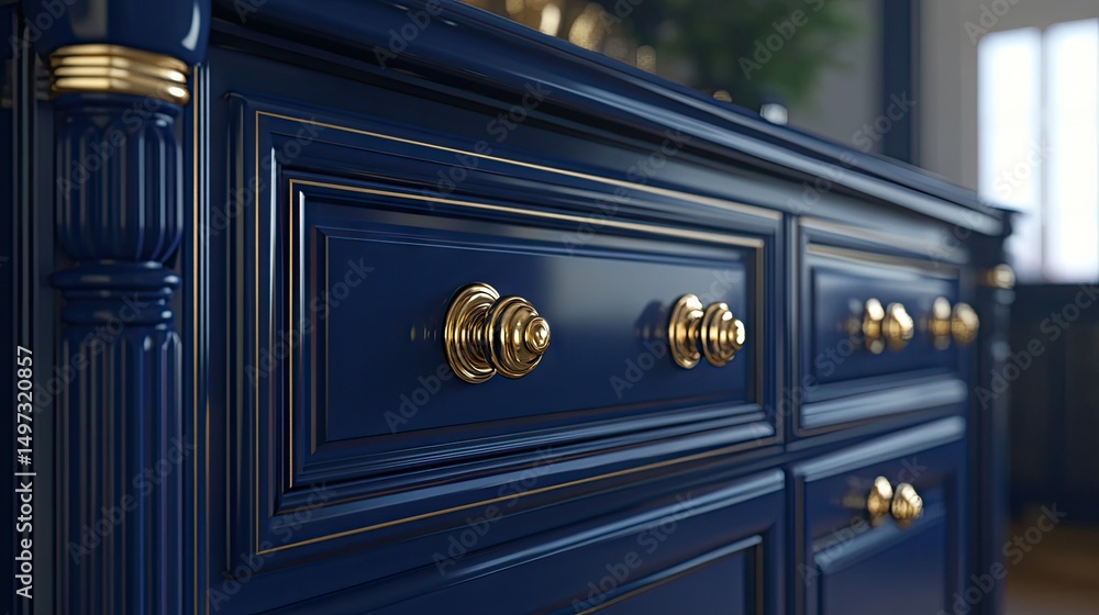 Close-up of detailed blue cabinetry with gold accents. Close-up of detailed blue cabinetry with gold accents.